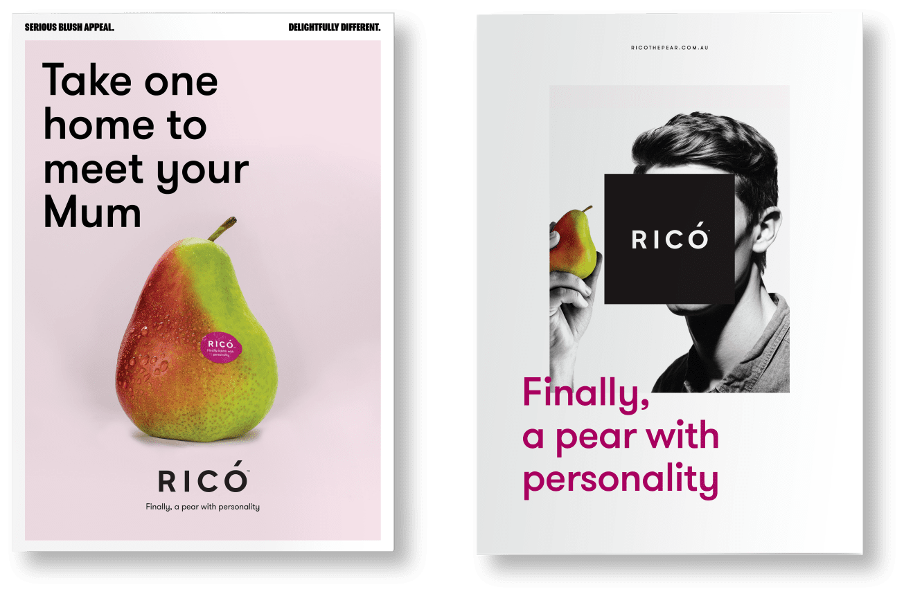 Brochure cover with man’s face covered with a black box and text that says “Rico, finally a pear with personality.” The man is holding a pear in his hand.